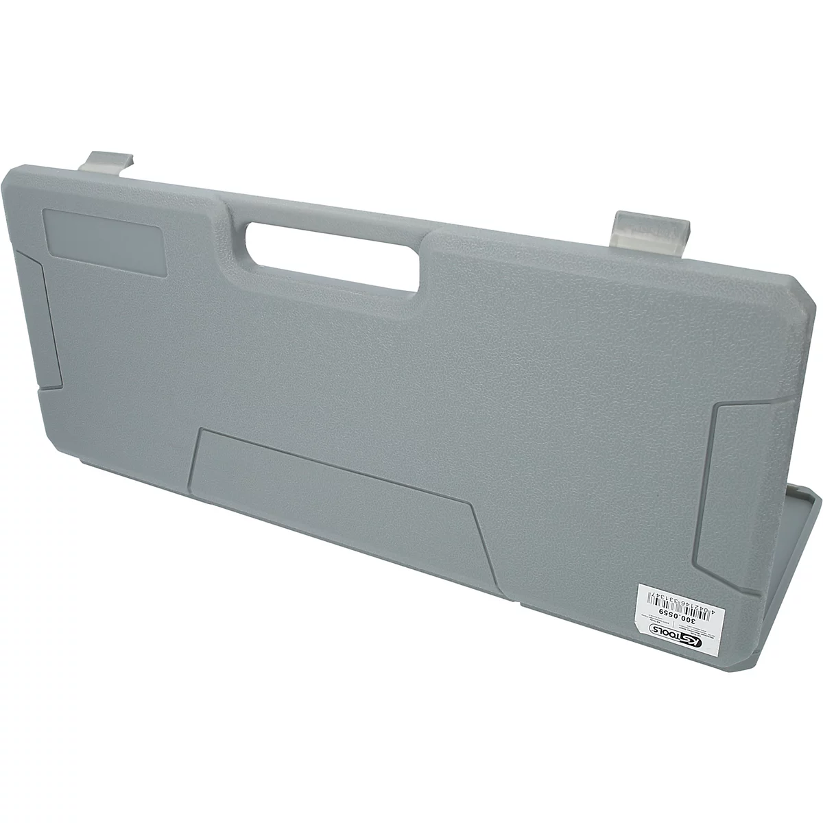 Graue Werkzeugkiste mit Griff und Barcode-Etikett. Geometrische Formen und Details.